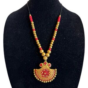 Indian Bollywood Style Gold Red Terracotta Necklace Temple Wedding Jewelry